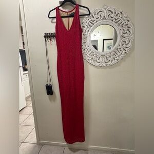St.John Black Label Red Sparkle Deep V Neck Long Cocktail Dress Size 2